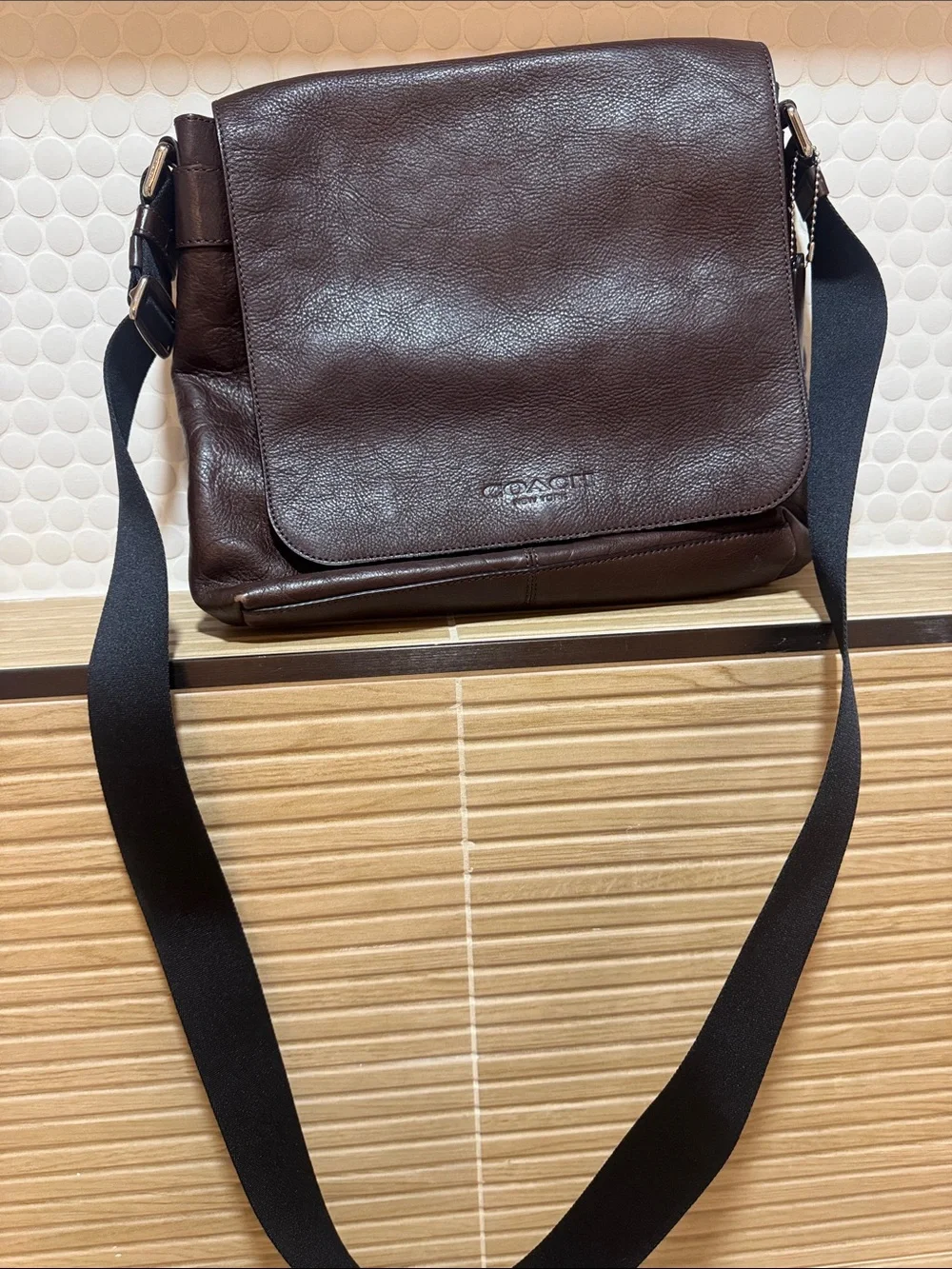 Coach Brown Leather Messenger Bag with Black Strap